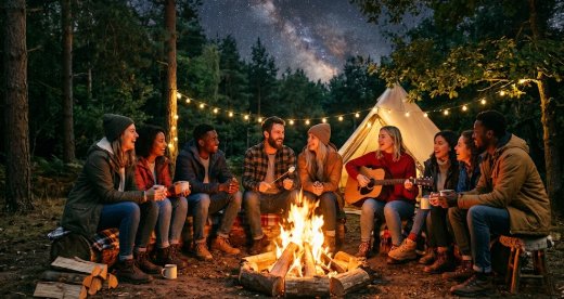 Guests gathered around a fire outdoors